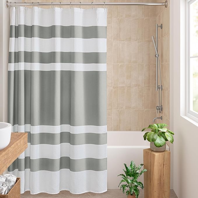 Madison Park Spa Waffle Shower Curtain Pieced Fabric with 3M Scotchgard Moisture Management Modern Home Bathroom Decorations, Wide 108"x72", Grey