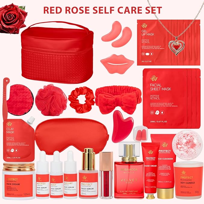 Christmas Gifts for Women, Red Rose 33 Pcs Spa Bath & Body Gift Set, Face Sheet Mask Skin Care, Hydrogel Mask, Lip Gloss, Cosmetic Bag, Face Serum, Necklace, Cleanser, Gua Sha, Mother Day, Birthday