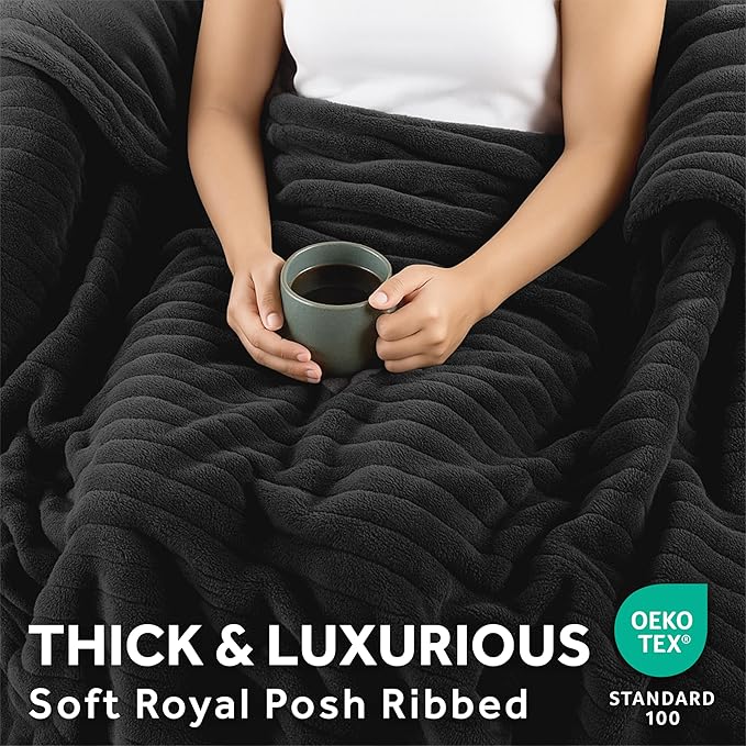Sunbeam Electric Throw Royal Posh Velvet Heated Blanket,4 Heat Settings, 4-Hour Auto Shut-Off, Fast Heating, Lush, Silky, and Ultra Comfy, Ribbed Ebony Color, 50" x 60"