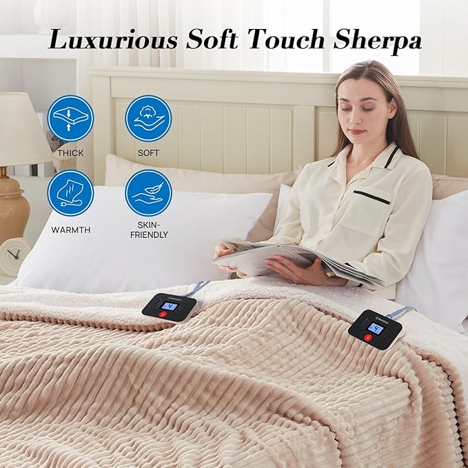 Westinghouse King Size Heated Blanket, Soft Flannel to Sherpa Reversible Electric Blanket King Size with 10 Heating Levels & 1-12 Hours Auto Shut Off, Machine Washable, (100" x 90", Beige)
