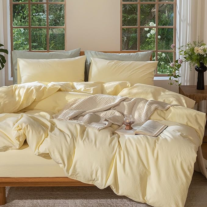 MooMee Bedding Duvet Cover Set 100% Washed Cotton Linen Like Textured Breathable Durable Soft Comfy (Heathered Butter Yellow, Full 80"x90")