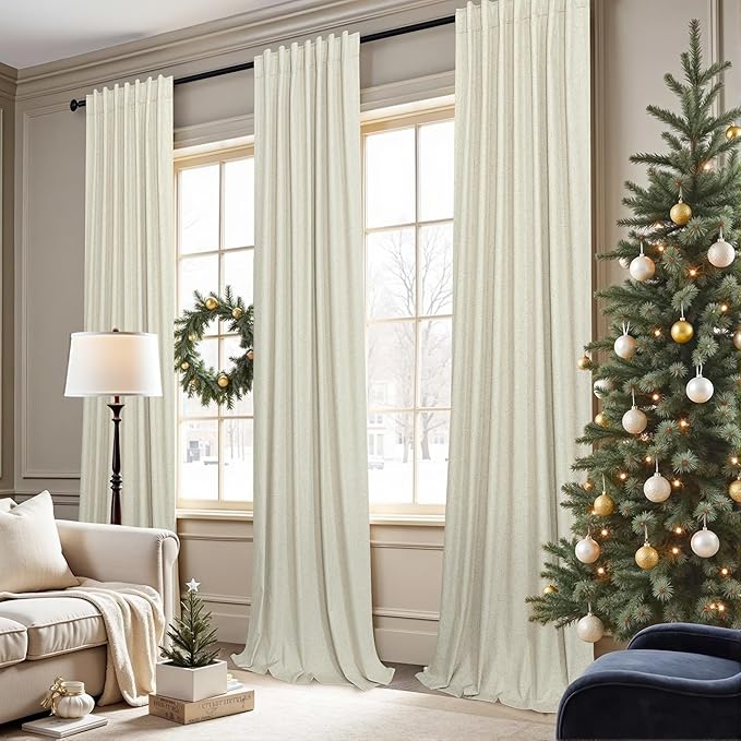 102 Inch Long Curtains for Bedroom Living Room Darkening Blackout Thermal Thick Linen Textured Luxury Curtain Drape for Sliding Glass Patio Door Set of 2 Panel 102 In Length Back Tab Ivory Cream Beige