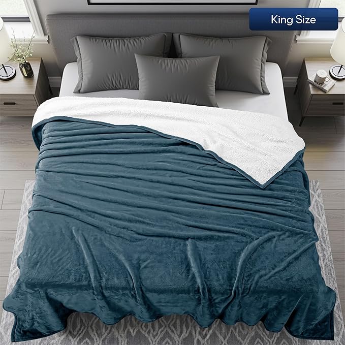 Utopia Bedding Sherpa Blanket King Size (Stone Blue, 90x102 Inches) - Soft Plush Fleece Reversible Blanket for Bed, Sofa, Couch, Camping and Travel