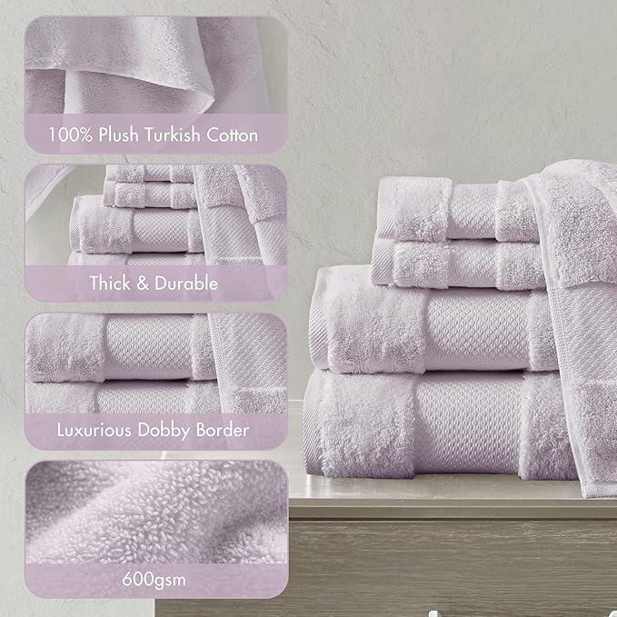 Madison Park Turkish 100% Cotton Towel Set, 600Gsm Luxury Premium Weight, Soft Absorbent Hotel Bathroom Shower Hand Face Washcloths, Assorted Sizes Lavender 6 Piece