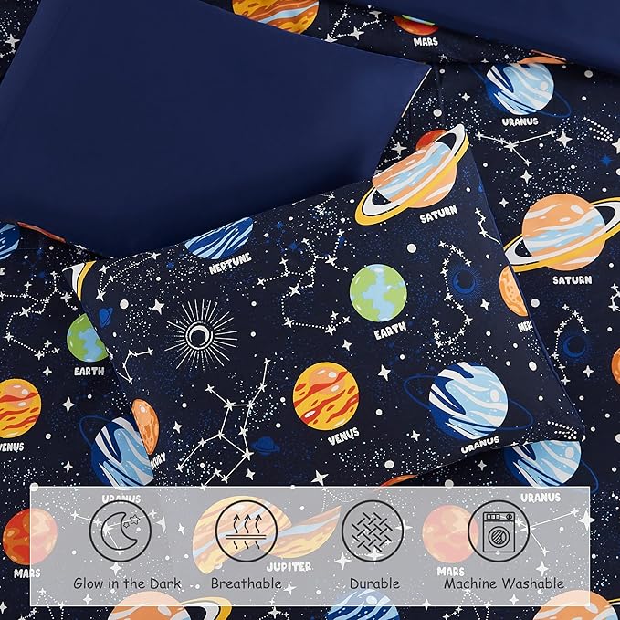 Twin Comforter Set for Boys-5 Pieces Space Glow in The Dark Twin Bedding Sets for Kids, Ultra Soft Bed in A Bag with Sheets