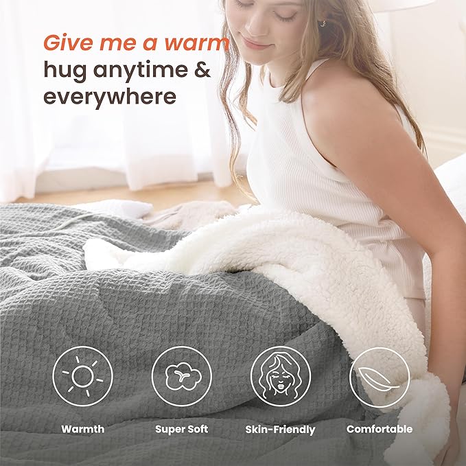 Heated Blanket Electric Blanket Full Waffle,72x84 Inches Sherpa Fleece Fast Heating Blanket 6 Heating Levels & 10 Hours Auto Off ETL Certification, Grey Full