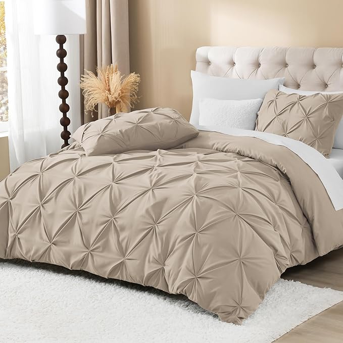 Litanika Khaki Pinch Pleat Duvet Cover Queen(90x90Inch), 3 Pieces(1 Duvet Cover, 2 Pillowcases) Luxurious Pintuck Bedding Set, Soft Microfiber Duvet Cover with Zipper Closure & Corner Ties