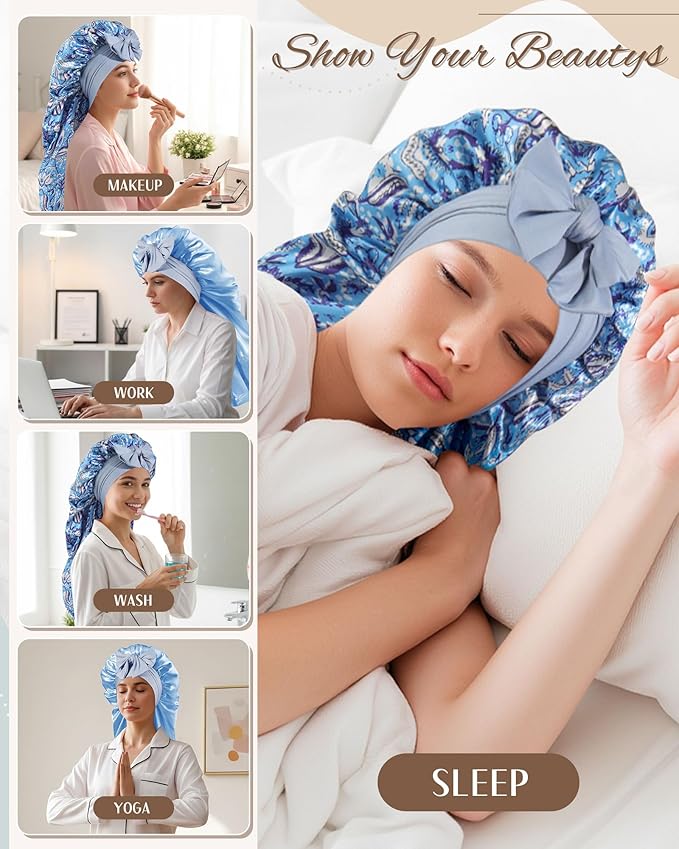 AWAYTR Long Satin Bonnet for Sleeping, Reversible Double Layer Hair Bonnet with Elastic Tie Band (Ethnic Floral Print+Blue)