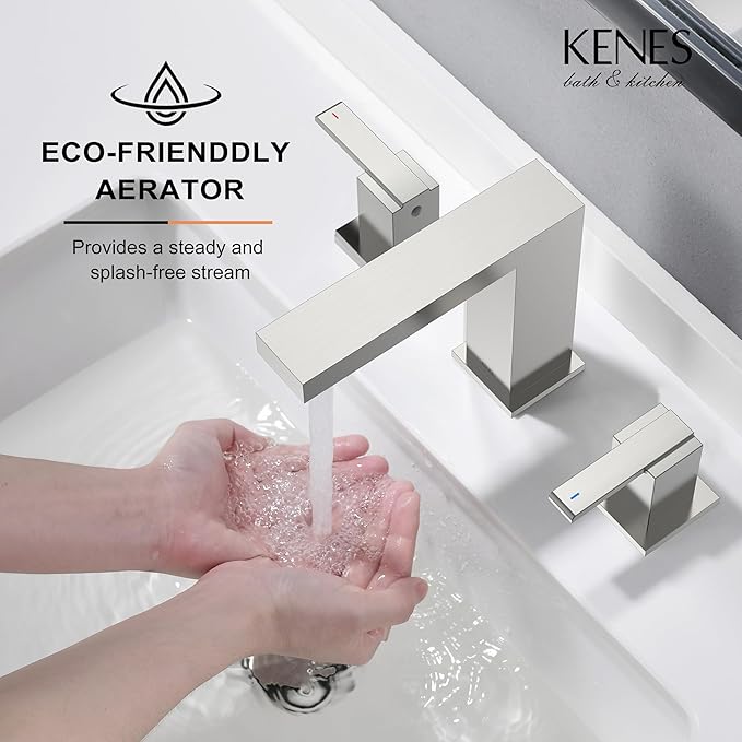 KENES Brushed Nickel Widespread Bathroom Faucet 2 Handle Bathroom Sink Faucet 3 Hole, 8-Inch 3 Pieces Vanity Faucet with Pop Up Drain & Supply Lines, KE-9050-P