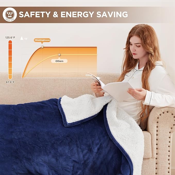 Westinghouse Electric Blanket Heated Throw | 6 Heating Levels & 4 Hours Auto Off | Flannel to Sherpa Reversible 50x60 | Machine Washable, Navy Blue