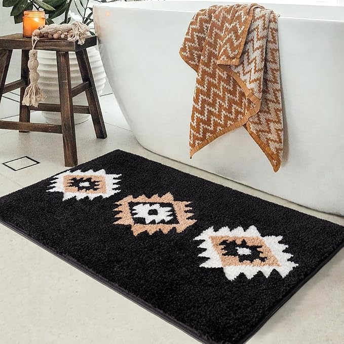 DEXDE Black Bathroom Rugs Mat 20x32, Aztec Boho Bath Rugs Long Western Plush Non Slip Machine Washable Bath Mats Large Luxury Soft Absorbent Modern Carpet for Floor, Tub, Shower, Kitchen, Entryway