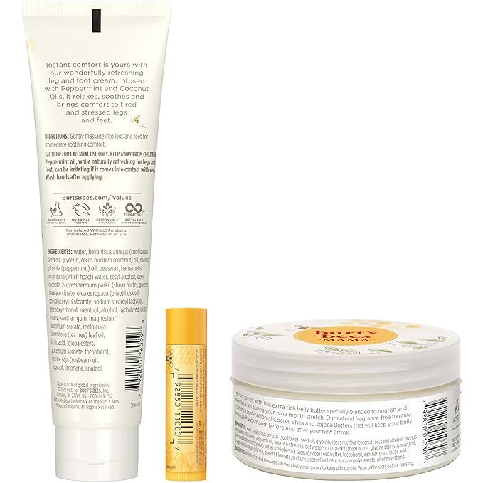Burt's Bees Pregnancy Essentials Christmas Gifts Set, 3 Baby Shower Products & Must Have Baby Registry Items, Nourishing Skincare for Mom to be - Mama Belly Butter, Original Lip Balm, Leg & Foot Cream