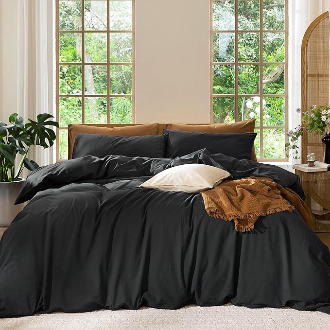 MooMee Bedding Duvet Cover Set 100% Washed Cotton Linen Like Textured Breathable Durable Soft Comfy (Solid Black, Super King Plus 120"x120")