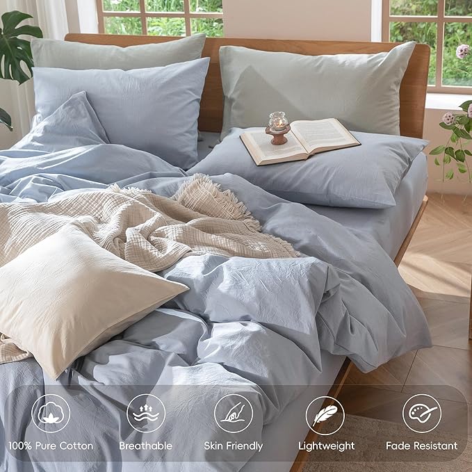 MooMee Bedding Duvet Cover Set 100% Washed Cotton Linen Like Textured Breathable Durable Soft Comfy (Heathered Cornflower Blue, Oversized King Plus 128"x120")