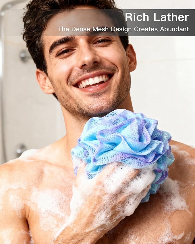 Large Bath Sponge Pouf 70g, 6.3 Inch Exfoliating Shower Loofah, Soft Durable PE Mesh with Reinforced Knotting, Rich Lather Body Wash Scrubber, 4-Pack Elegant Colors Gift Set（A-4Pcak）
