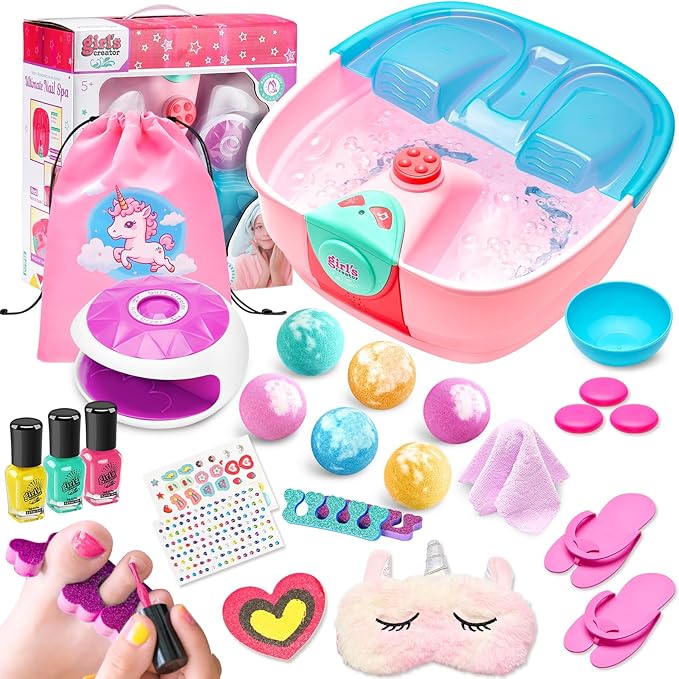 Kids Spa Day Kit with Foot Spa, Nail Dryer & Bath Bombs - Music Foot Soak Tub & Nail Polish Set for Girls Aged 6-12 - Perfect for Christmas or Birthday Gifts