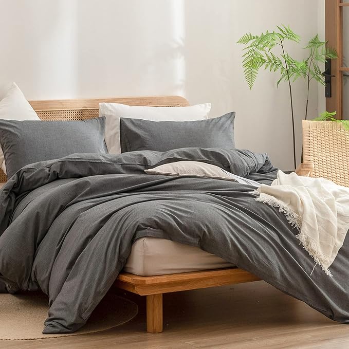 BESTOUCH Duvet Cover Set 100% Washed Cotton Linen Feel Super Soft Comfortable Chic Lightweight 3 PCs Home Bedding Set Solid Dark Grey Super King