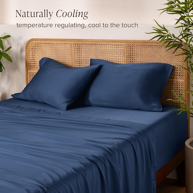 Bare Home 100% Rayon Made from Bamboo Luxury Queen Sheet Set - 4 Piece Bedding Set - Deep Pockets - Cooling Sheets - Breathable - Easy Fit - Soft Bedding Sheets & Pillowcases (Queen, Dark Blue)