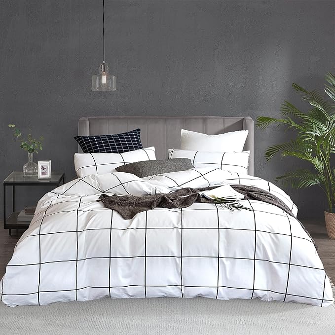 KAREVER White Grid Comforter Set Big Grid Queen Cotton White Black Plaid Printed Stripes Women Checkered Queen Comforters Bedding Set Bed Blanket Set White Plaid Comforter