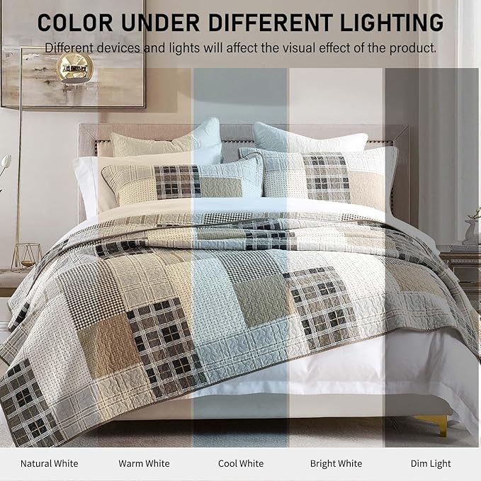 KALOOLA Plaid King Quilt Set, 100% Cotton Beige King Quilt Bedding Set, Farmhouse Reversible Quilted Bedspread Coverlet with 2 Pillow Shams, Lightweight Thin Comforter for All Season, 3 Pieces