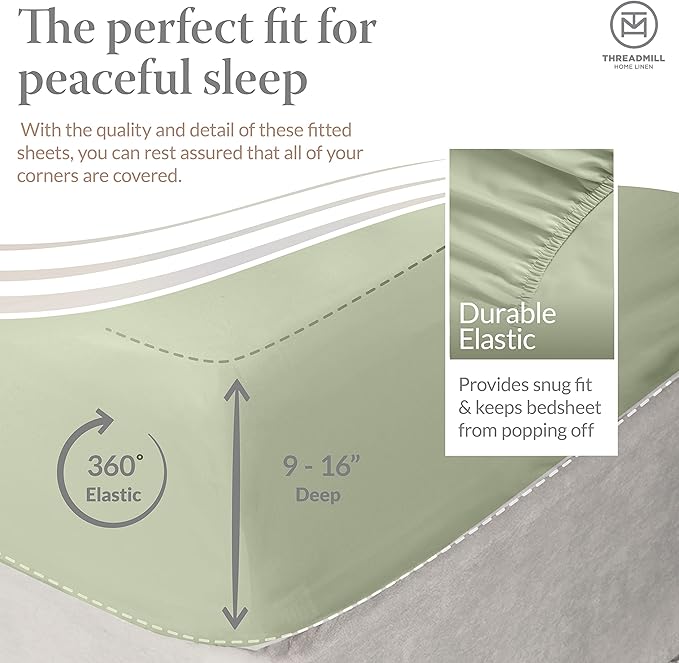 Threadmill - Twin XL Sheets Set Soft 100% Cotton Cooling Sheets Deep Pocket Snug Fit Elastic, 500 Thread Count, 3-Pc, Hotel Quality Bed Sheets, Beats Egyptian Cotton Claim (Sage)