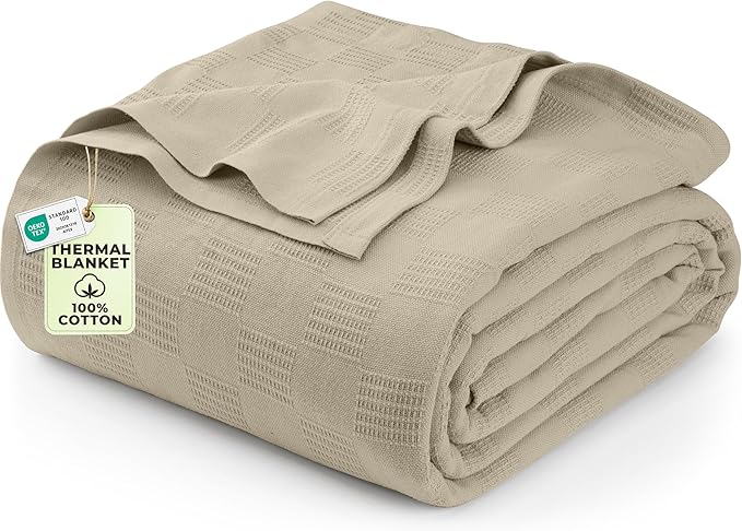 Utopia Bedding Khaki 100% Cotton Blanket [Full Size - 90x84 Inch] 350GSM Lightweight, Soft and Breathable Thermal Blanket for All Seasons