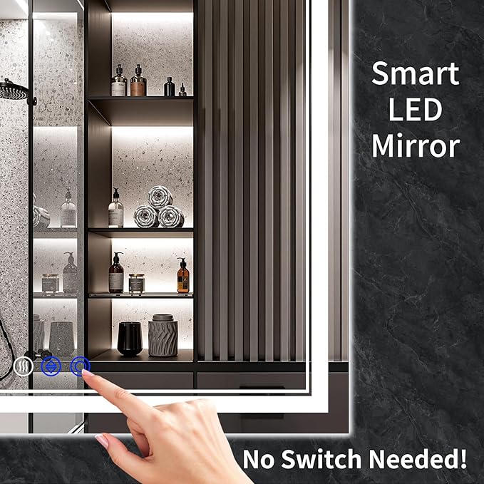 72"x36" LED Bathroom Mirror with Anti-Fog, Stepless Dimmable Lights, 3 Color Modes, Shatter-Proof Tempered Glass, Memory Function & Waterproof Design