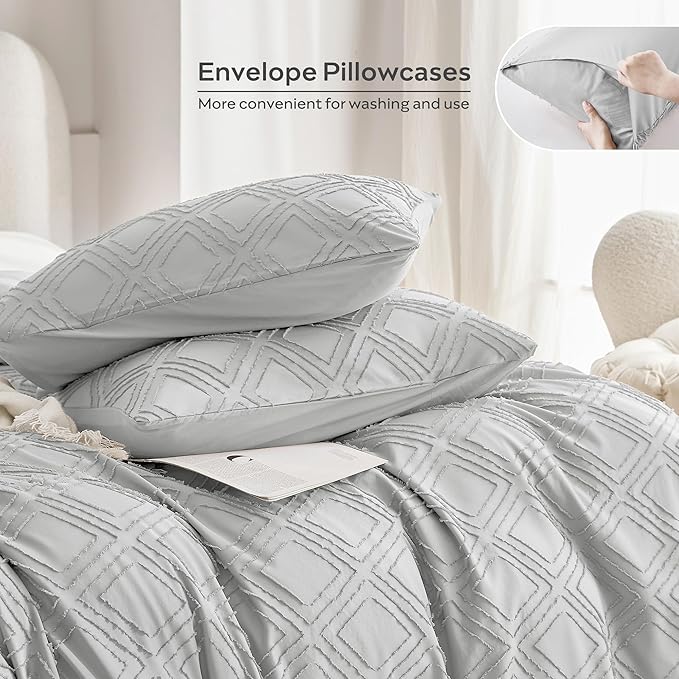 JELLYMONI Duvet Cover Twin Size Light Grey - 3PCS Boho Duvet Cover Set Plaid Polyester Tufted Bohemian Jacquard Knit Textured Comforter Cover 68×90in Rhombic Geometric Pattern Corner Ties & Zipper