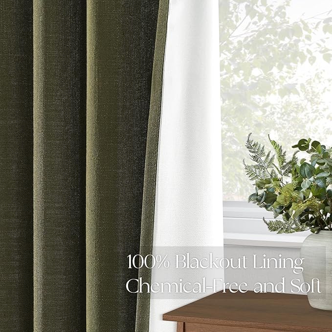Topfinel 90 Inches Long Olive Green Curtains for Bedroom,Linen Pinch Pleat Light Blocking Forest Green Curtains, Room Darkening Modern Spring Hunter Green Moody Drapes 2 Panels Set with Hooks Rings