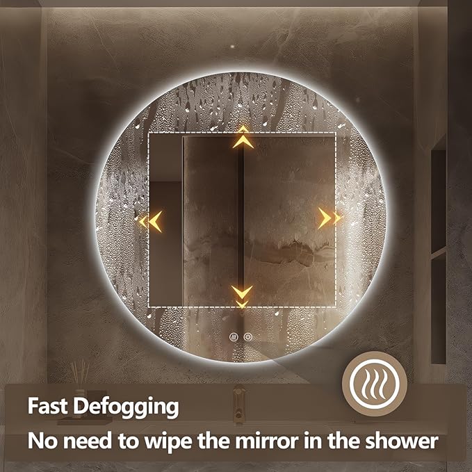 Niccy Round Led Mirror for Bathroom, 40" Circle Frameless Backlit Mirror wiht Light, Anti-Fog, 3 Colors, Waterproof, Memory Function