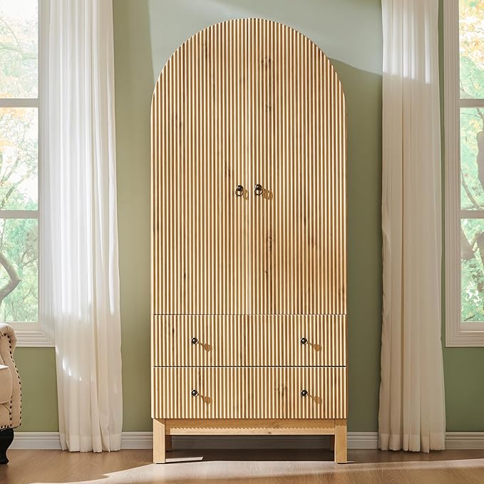 71" Tall Arched Bathroom Storage Cabinet, Modern Fluted Cabinet Storage with 4 Shlves and 2 Drawers, Floor Cabinet for Bathroom, Living Room, Kitchen, Natural
