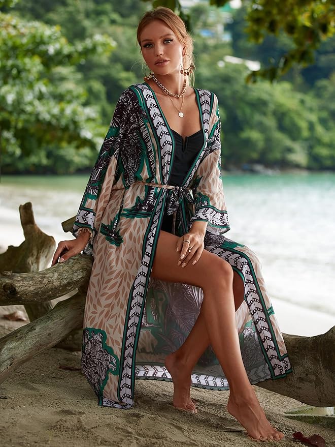 Women Casual Open Front Lightweight Cardigan Long Beach Kimono Cover Up
