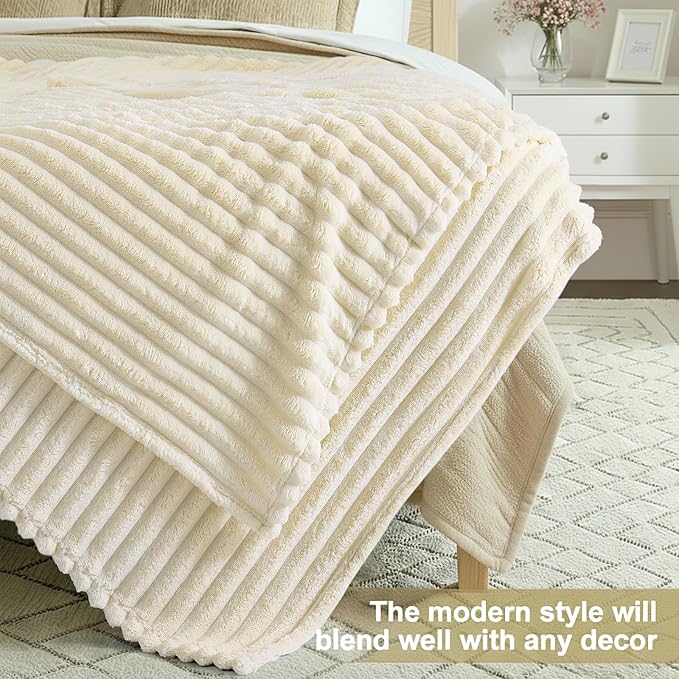 decorUhome Christmas Soft Fleece Beige Twin Blanket for Bed, Cozy Fluffy Plush Flannel Striped Throws for Couch Sofa, Lightweight Decorative Ribbed Fuzzy Blanket for Woman, 60x80 Inches