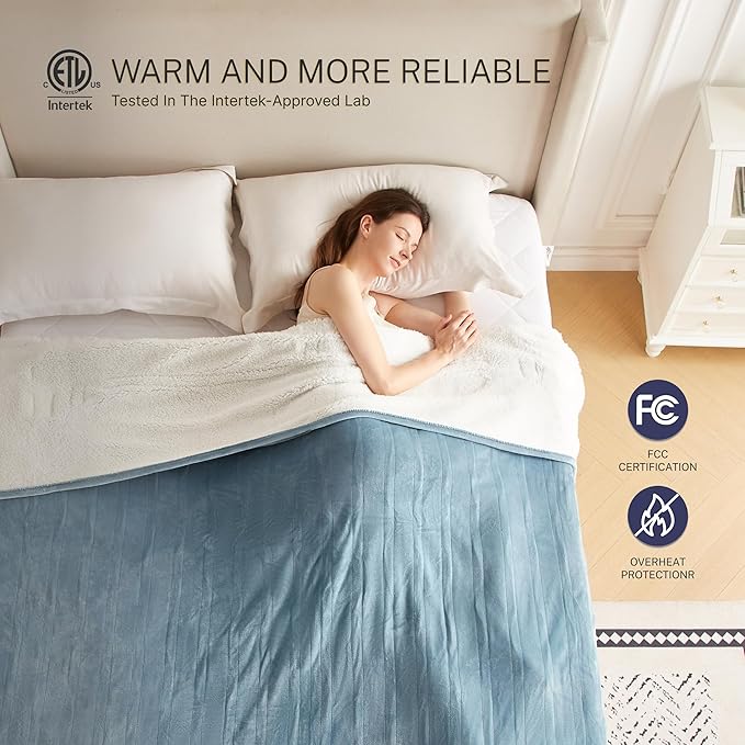 Electric Blanket Throw 50"x60" Heated Electric Blankets 10 Heating Levels 12 Time Settings 3 Hours Auto Off Fast Heating and Overheat Protection ETL Certified Machine Washable,Light Blue