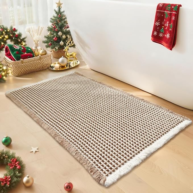 Waffle Bath Mat - Boho Bathroom Rugs Non Slip Washable, Super Absorbent & Quick Dry, Soft Bath Mat Farmhouse Bathroom Decor, 24'' x 36'', Khaki and White