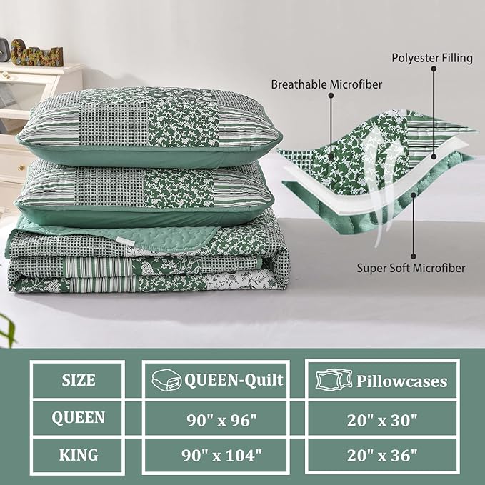 Mybedsoul Sage Green Boho King Quilt Set, 3-Piece Reversible Soft Plaid Floral Bedding Set with 2 Pillow Shams - Sage Green King Size Quilt Bedspread Coverlet Set 90"x104"