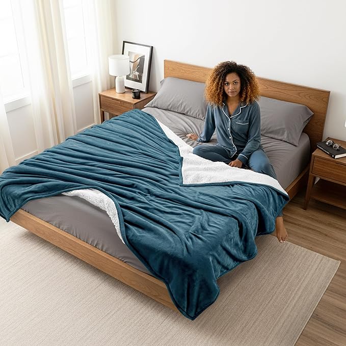 Utopia Bedding Sherpa Blanket King Size (Stone Blue, 90x102 Inches) - Soft Plush Fleece Reversible Blanket for Bed, Sofa, Couch, Camping and Travel