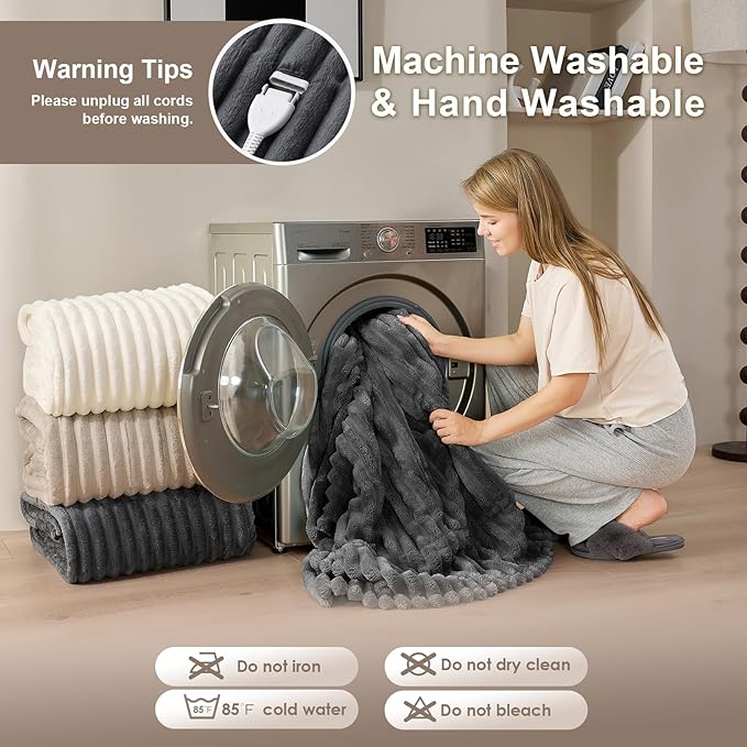 Hansleep Heated Blanket Electric Blanket Throw, Heating Blanket with 9 Heating Levels and 10-Hour Timer Auto Shut Off, Washable Soft Warm Winter Blanket, 50 x 60 Inches, Dark Grey