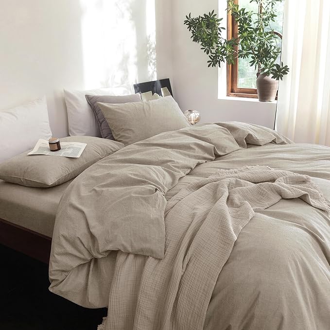 FOSSA Duvet Cover Set 100% Washed Cotton Linen Feel Super Soft Breathable Cozy 3 Pieces Bedding Sets Solid Tannish Linen Grey Super King Plus