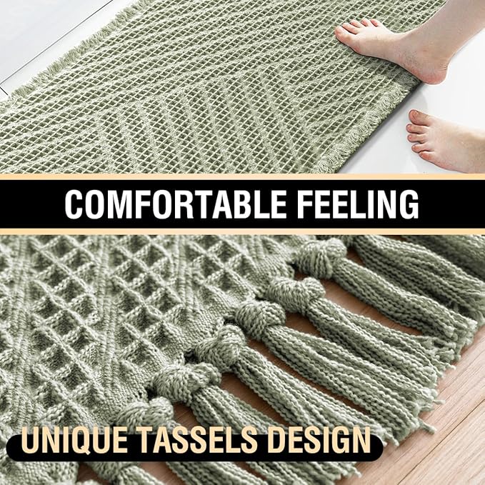H.VERSAILTEX Waffle Bath Mat Super Absorbent Boho Bath Mat Non Slip Bath Rugs for Bathroom Floor Machine Washable Dry Fast Bathroom Rugs with Handmade Tassels, 20" x 32", Sage