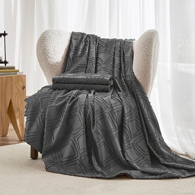 JELLYMONI Duvet Cover Twin Size Dark Grey - 3PCS Boho Duvet Cover Set Plaid Polyester Tufted Bohemian Jacquard Knit Textured Comforter Cover 68×90in Rhombic Geometric Pattern Corner Ties & Zipper