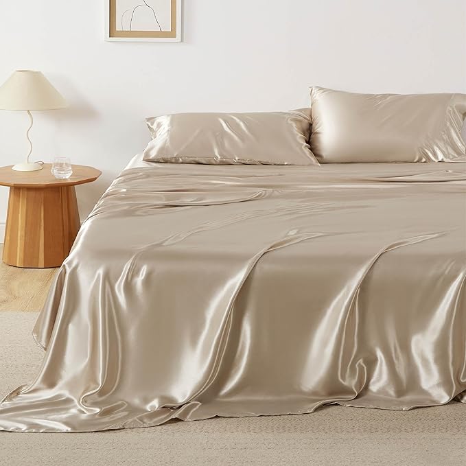 Bedsure Satin Sheets King Size - 4 Piece Silky Bedsheets with 15 Inches Deep Pocket Fitted Bedsheet,1 Flat Sheet, 2 Satin Pillowcases, Good for Hair & Skin (King, Khaki)