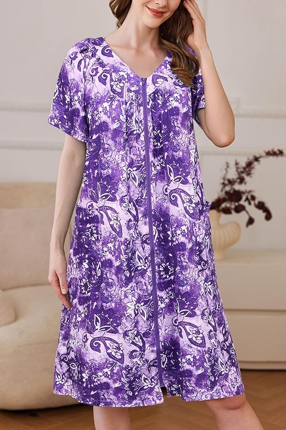 Ekouaer Women Robe Zipper Front Mumu Duster Robes Zip Up Housecoat Soft Sleepwear with Pockets S-3XL