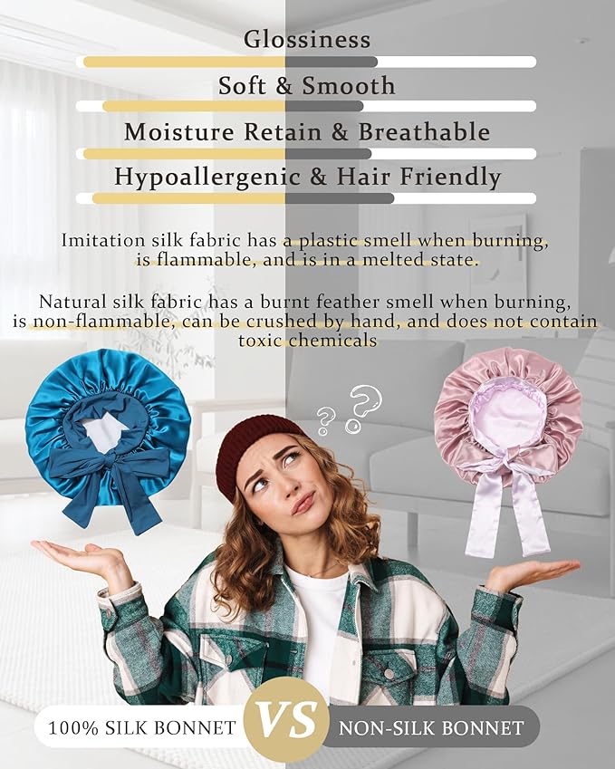 100% Mulberry Silk Bonnet for Sleeping Women Double Layer Silk Hair Bonnet Natural Silk Sleep Cap with Elastic Reversible Hair Wrap (Blue+Gray)