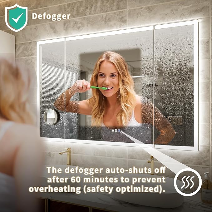 54x36 Trifold Bathroom Mirror with Lights with Removable Magnifier, 180° Foldable LED Mirror for Bathroom, Front&Backlit, Wall Mounted, Stepless Dimming, Color Temper Change, Anti Fog