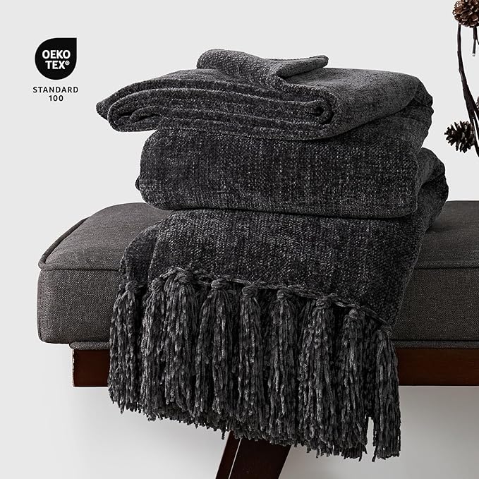 EVERGRACE Soft Chenille Throw Blanket for Couch, Cozy Plush Fuzzy Decorative Chenille Knit Throw Blanket with Tassels, Lightweight Blanket and Throws for Bed Sofa Gift Home Decor, Iron Black 50"x60"