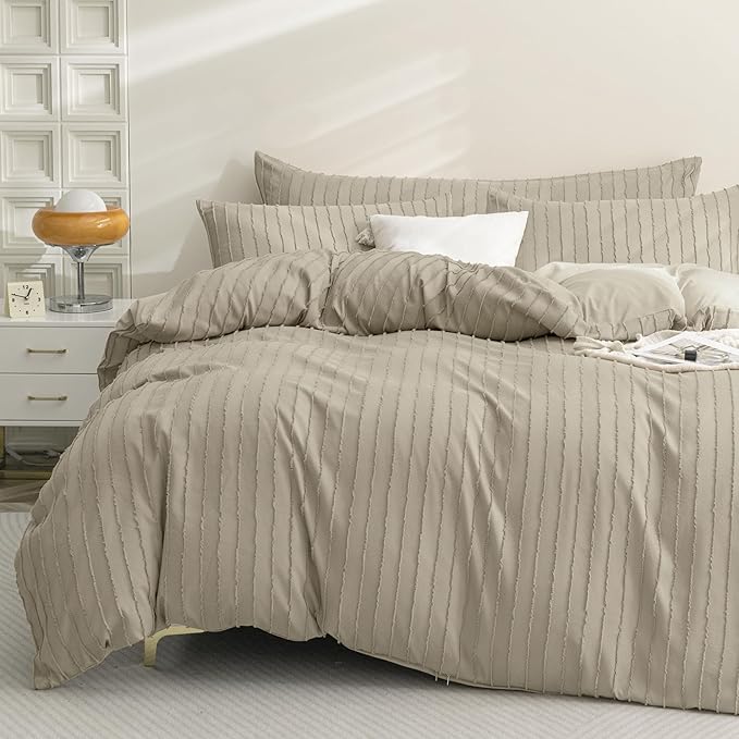 JELLYMONI Duvet Cover Queen Size Khaki - 3PCS Boho Striped Duvet Cover Set Polyester Tufted Bohemian Textured Comforter Cover 90×90in with Corner Ties & Zipper and 2 Pillowcases