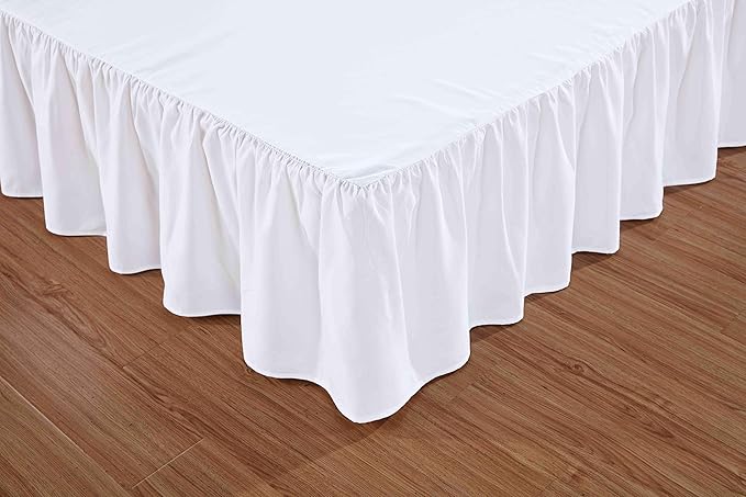 Sheets & Beyond Wrap Around Solid Microfiber Luxury Hotel Quality Fabric Bedroom Gathered Ruffled Bedding Bed Skirt 14 Inch Drop (Twin, White)