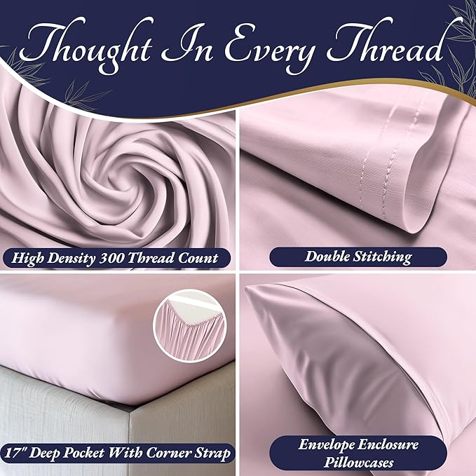 DECOLURE 100% Viscose Derived from Bamboo Sheets Cal King Size 4pcs - Ultra Soft & Luxuriously Cooling, 17" Deep Pocket,Double Stitching,Perfect for Hot Sleepers - King Bed Sheets (Light Pink)