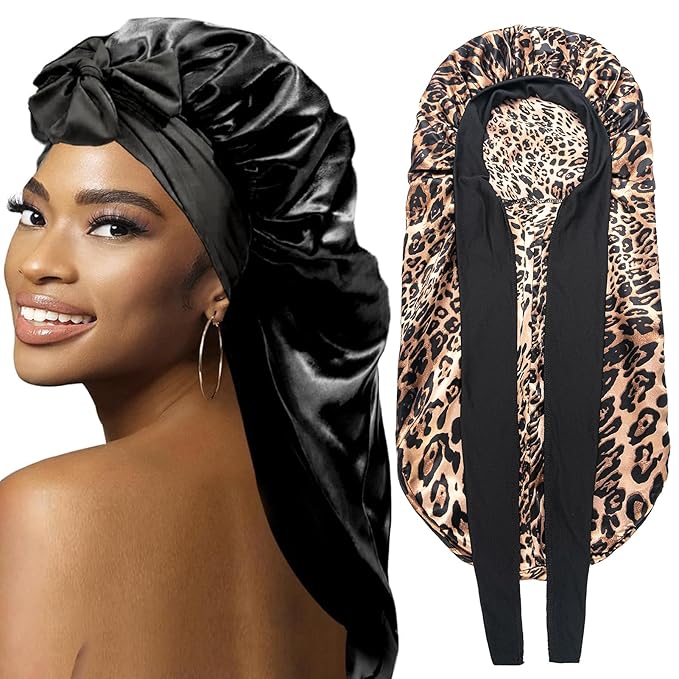 2Pcs Bonnets for Black Women Braid Bonnet, Large Long Satin Bonnet for Braids, Silk Bonnet with Stretchy Tie Band Sleep Cap Hair (2Pcs-Black&Leopard)